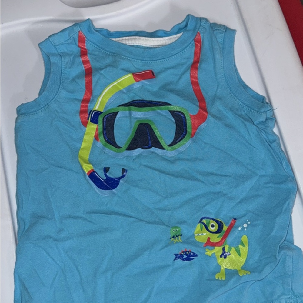 Blue Sleeveless Top with Snorkeling Dinosaur Print